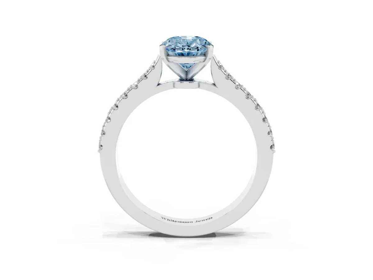 Fancy Blue Oval Cut Cut Solitaire Diamond Engagement Ring with Pave Band and Four-Prong Setting Platinum