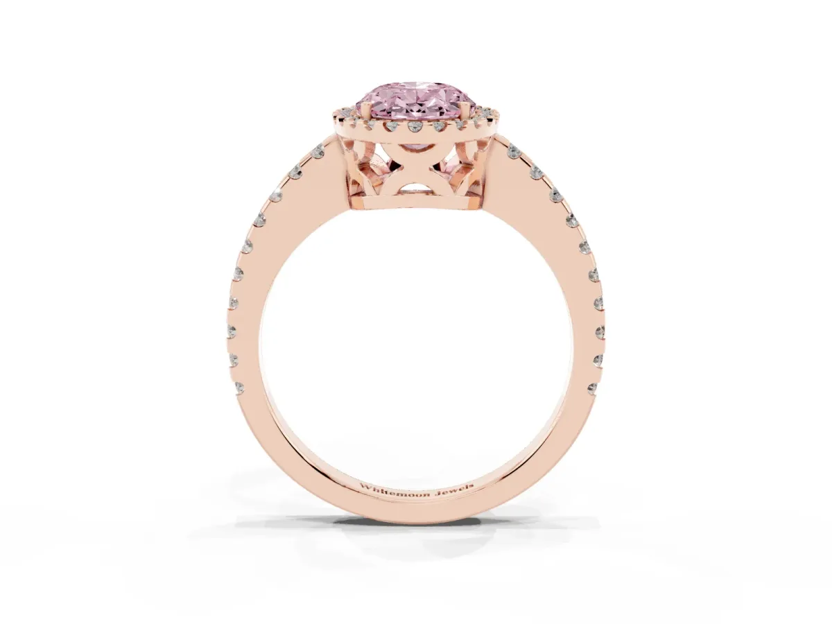 Fancy Pink Oval Cut Diamond Halo Engagement Ring with Pavé Band and Prong Setting Rose gold
