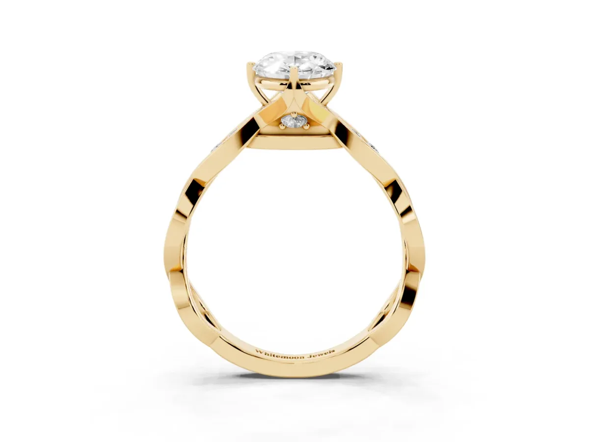 Oval Cut Solitaire Twist Band with Leaf Prong Setting Yellow gold