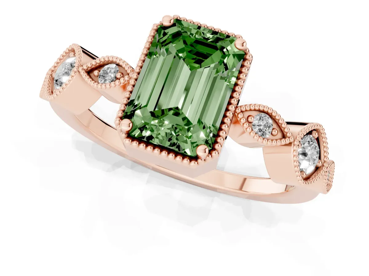 Fancy Green Emerald Cut Diamond Vintage Milgrain Ring with Round Stations Rose gold