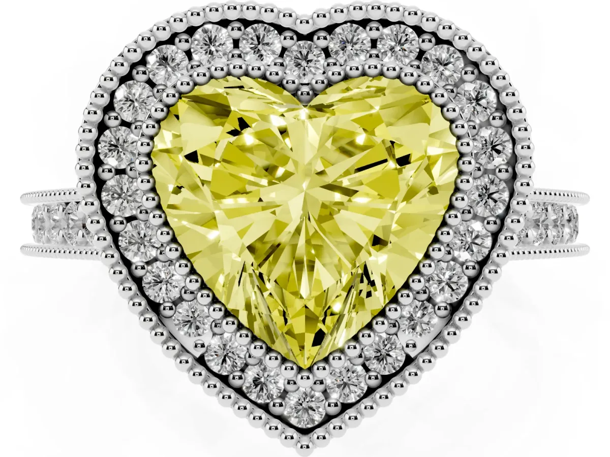 Fancy Yellow Halo Heart Cut-Cut Diamond Pave Band Milgrain Prong Setting Ring Silver