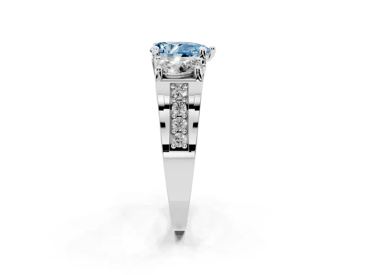 Fancy Blue Pear Cut Diamond Three-Stone Ring with Channel Set Band and Four-Prong Setting Silver