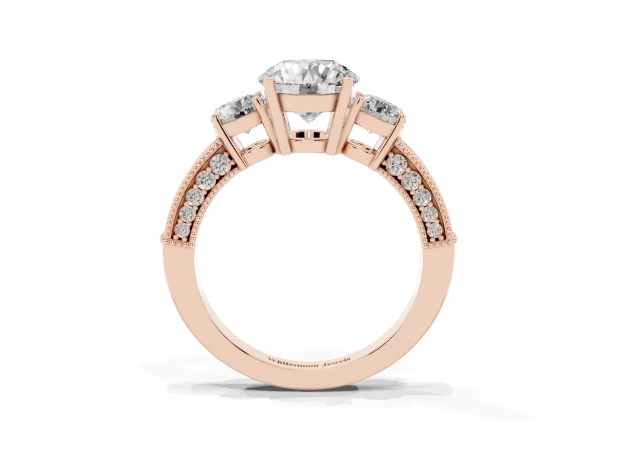 Round Cut Three-Stone Diamond Ring with Pavé Band and Four-Prong Setting Rose gold