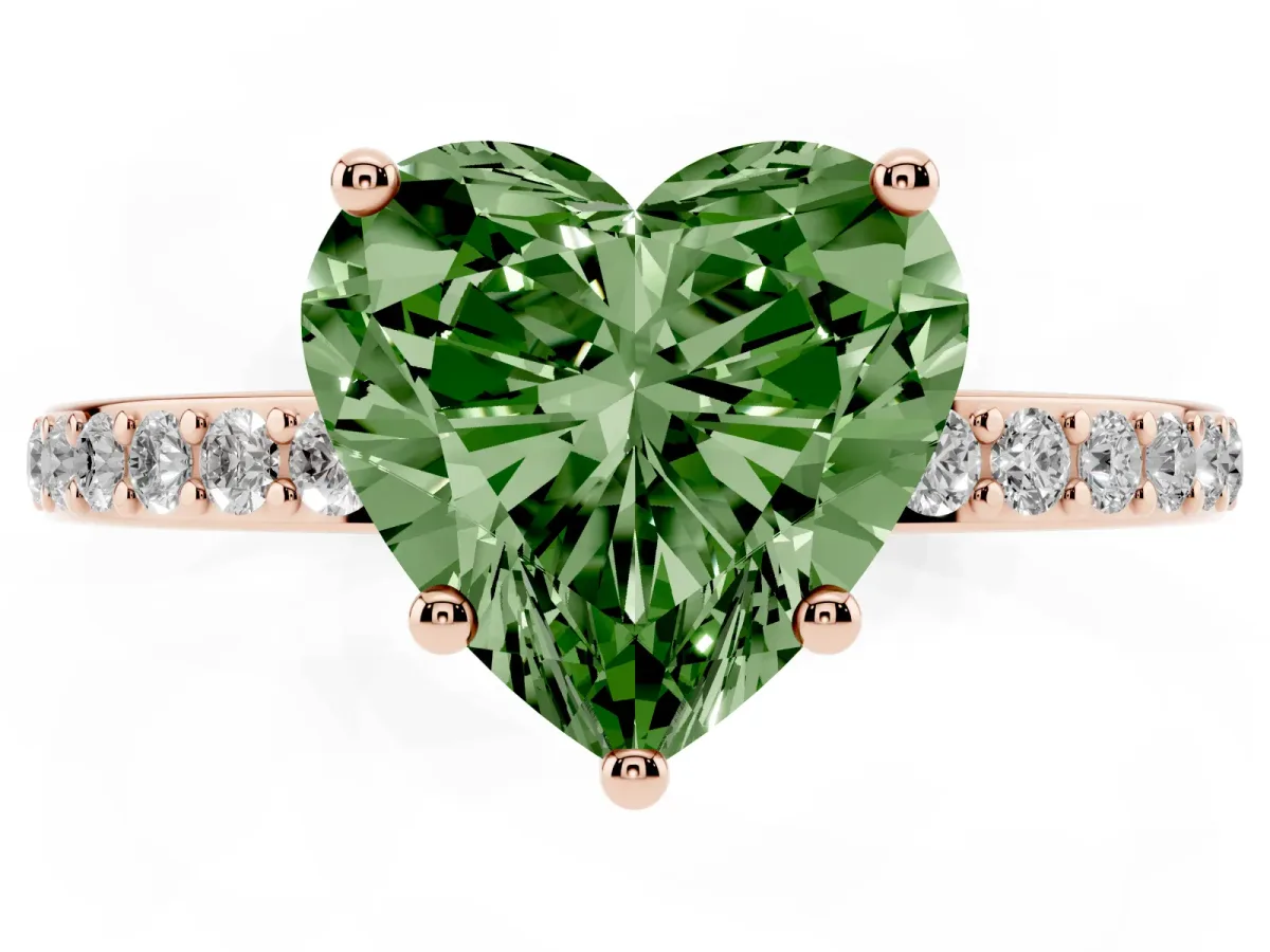 Fancy Green Heart Cut Cut Diamond Pavé Band Ring with Four-Prong Setting Rose gold