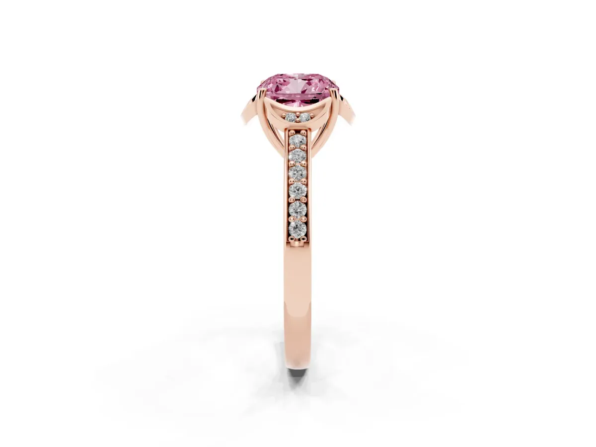Fancy Pink Cushion Cut Cut Halo Diamond Ring with Channel Set Band and Four-Prong Setting Rose gold