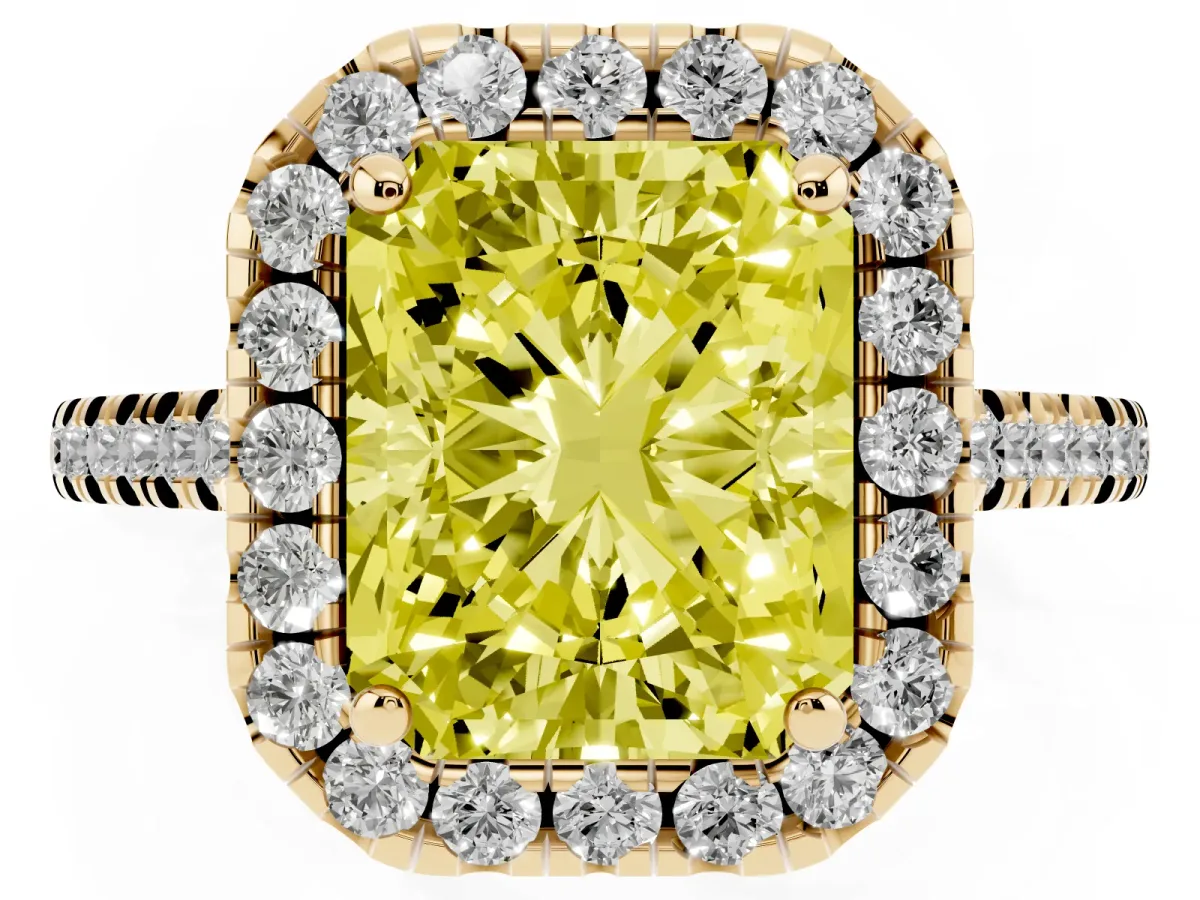 Fancy Yellow Radiant Cut Diamond Cushion Halo Ring with Pavé Band Yellow gold
