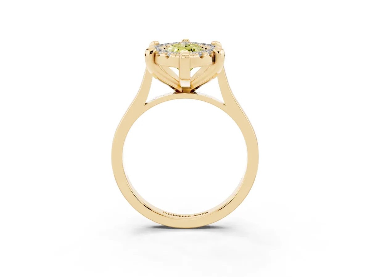 Fancy Yellow Marquise Cut Diamond Cluster Halo Solitaire with Four-Prong Setting Yellow gold