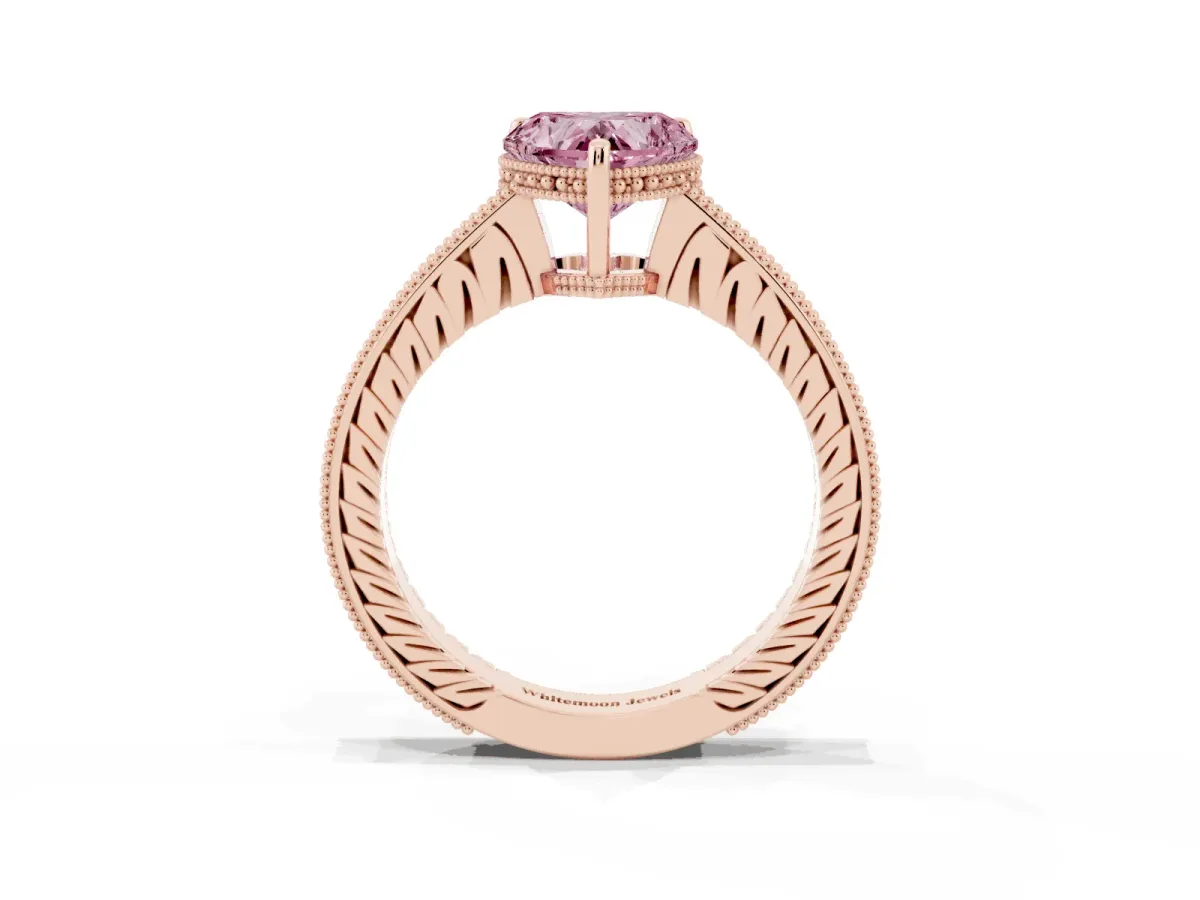 Fancy Pink Heart Cut Solitaire Pavé Diamond Milgrain Engagement Ring with Four-Prong Setting Rose gold