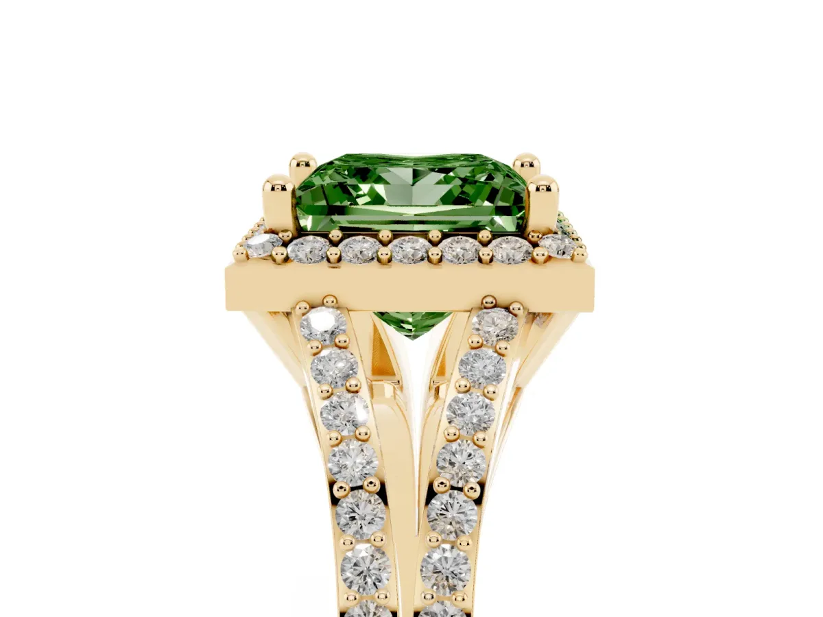 Fancy Green Princess Cut Halo Split Shank Diamond Ring with Prong Setting Yellow gold