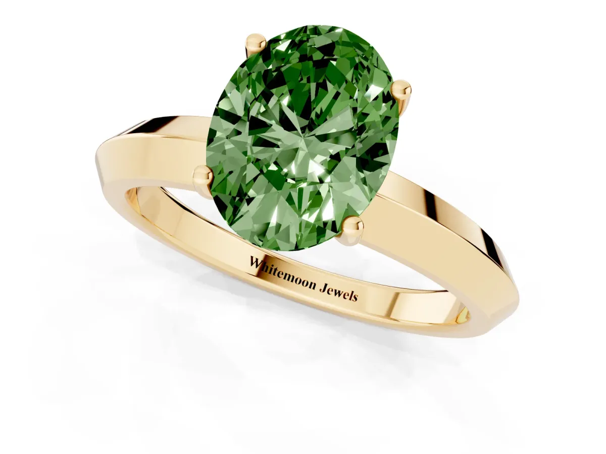 Fancy Green Oval Cut Cut Solitaire Engagement Ring with Flat Band and Four-Prong Setting Yellow gold