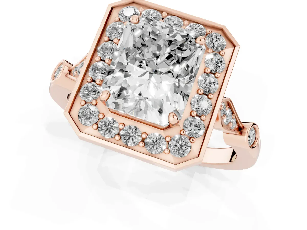 Radiant Cut Halo Diamond Engagement Ring with Twisted Band and Four-Prong Setting Rose gold
