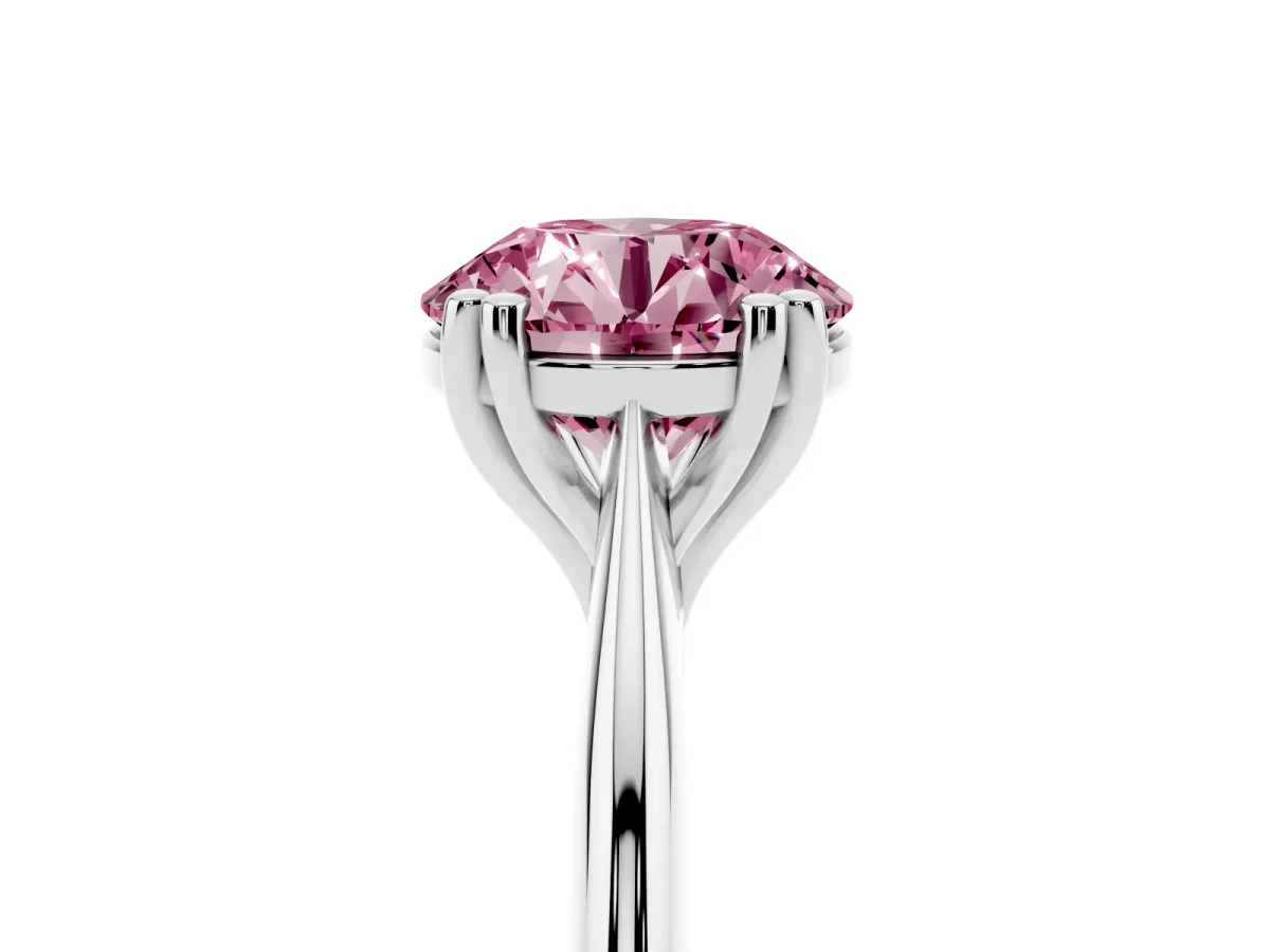 Fancy Pink Round Cut Solitaire Diamond Ring with Six-Prong Setting and Classic Band Silver