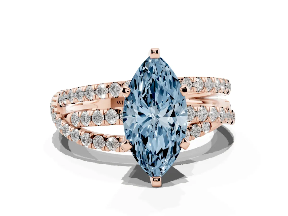 Fancy Blue Marquise Cut Solitaire Twist Band with Pavé Setting and Four-Prong Setting Rose gold