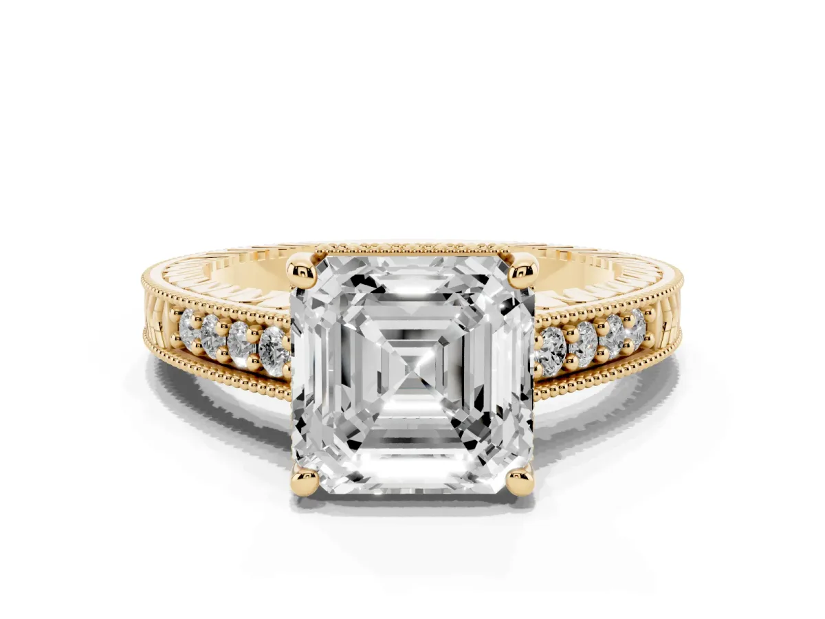 Asscher Cut Solitaire Pavé Diamond Milgrain Engagement Ring with Four-Prong Setting Yellow gold