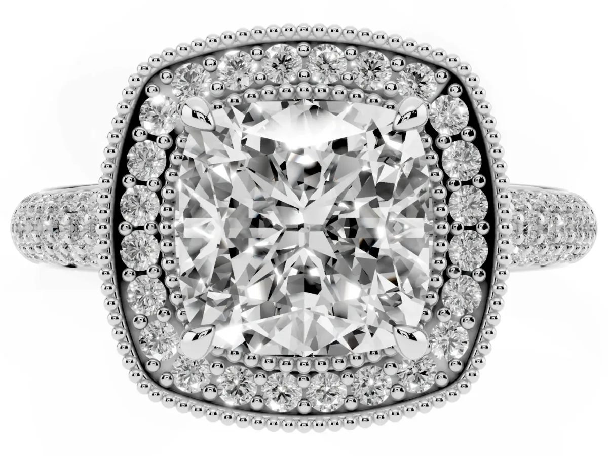 Cushion Cut Cut Halo Diamond Pave Band with Four-Prong Setting Silver