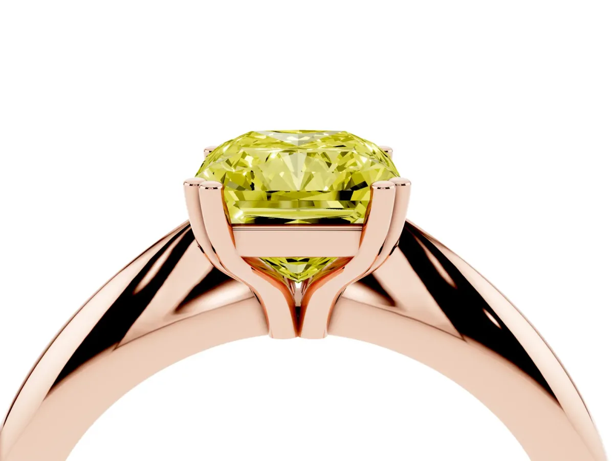Fancy Yellow Radiant Cut Cut Solitaire Engagement Ring with Tapered Band and Four-Prong Setting Rose gold