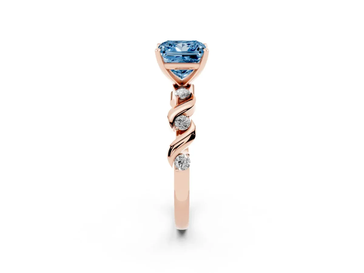 Fancy Blue Princess Cut Diamond Solitaire Twisted Band with Round Accents and Prong Setting Rose gold
