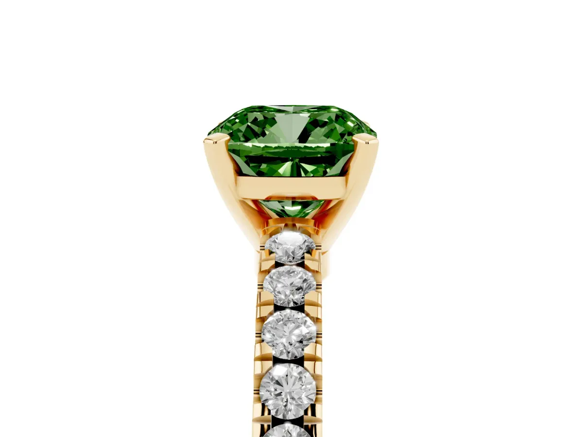 Fancy Green Cushion Cut Solitaire Diamond with Pavé Band and Four-Prong Setting Yellow gold