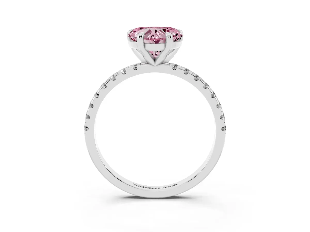 Fancy Pink Heart Cut Diamond Brilliant Solitaire Ring with Pavé Band and Four-Prong Setting Platinum
