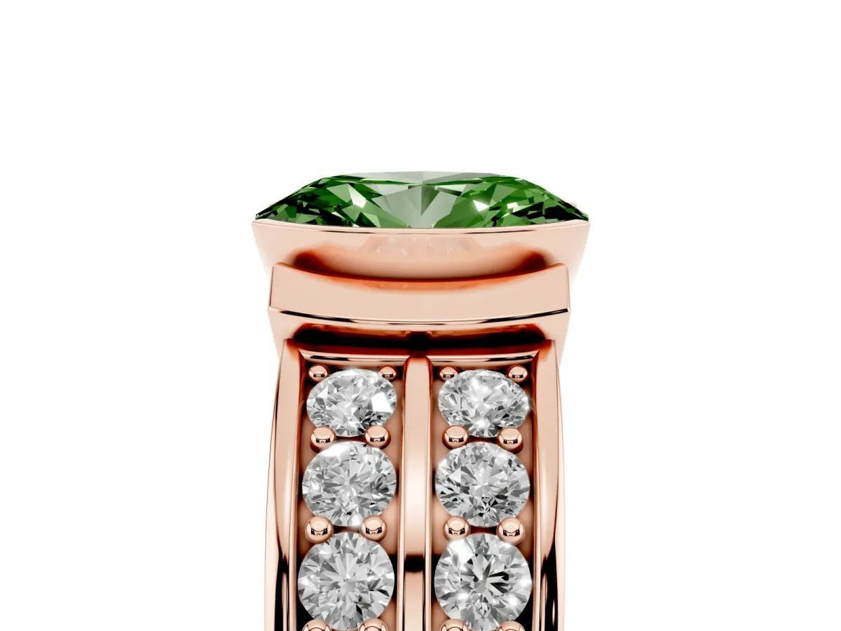 Fancy Green Oval Cut Brilliant Diamond Channel Set Wide Band Ring with Bezel Setting Rose gold
