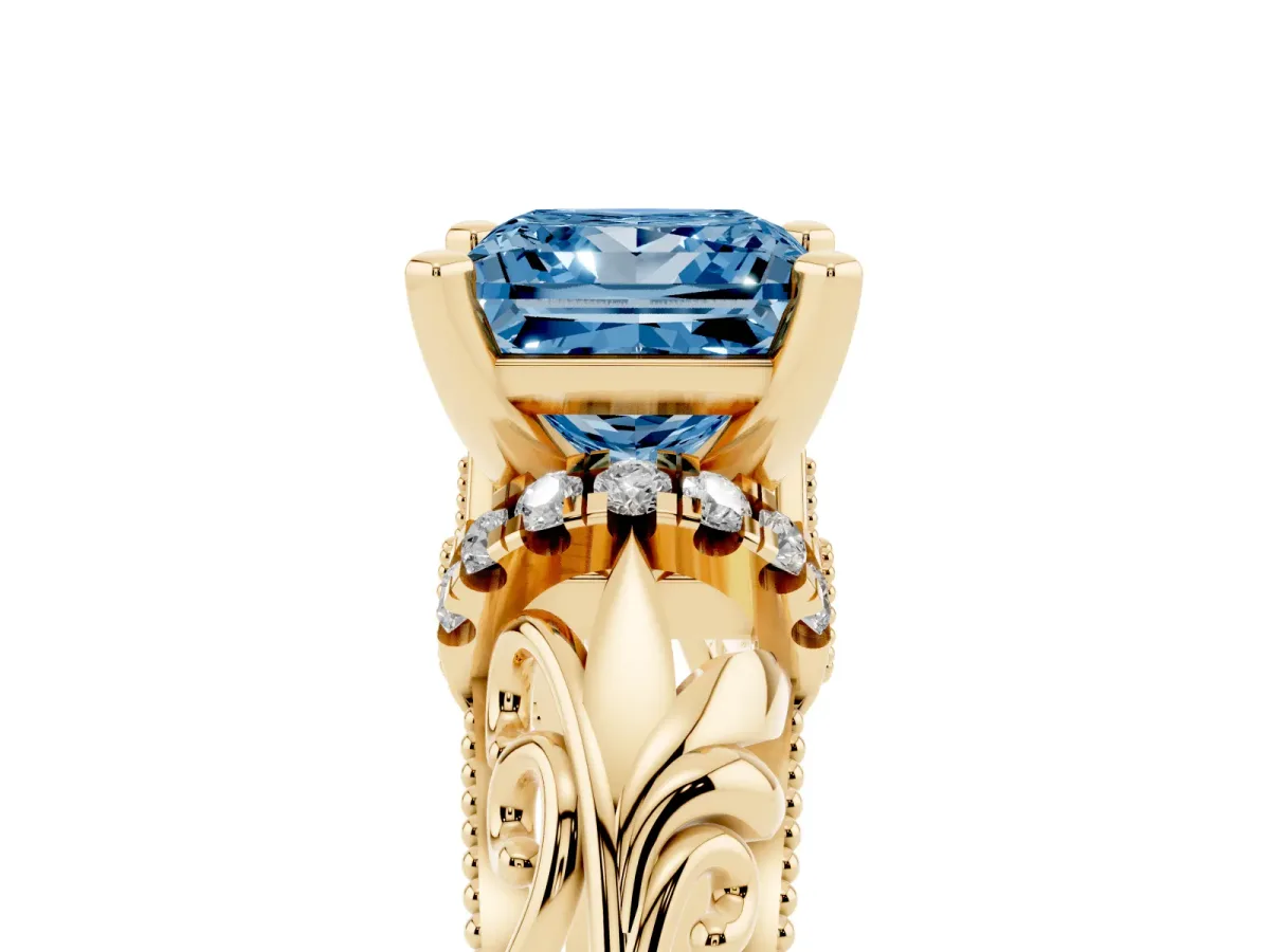 Fancy Blue Princess Cut Solitaire Filigree Engagement Ring with Halo and Prong Setting Yellow gold