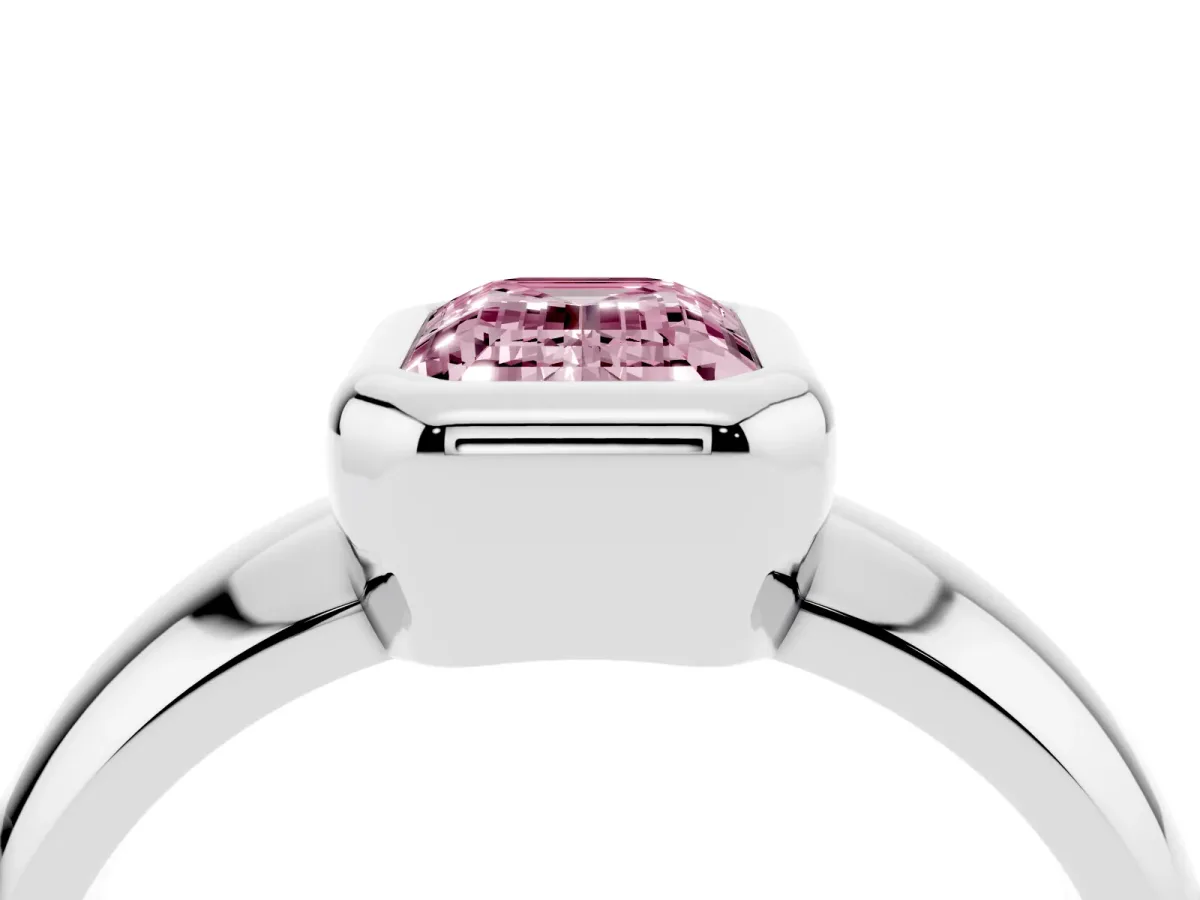 Fancy Pink Bezel Set Emerald Cut Solitaire Ring with Wide Band White gold