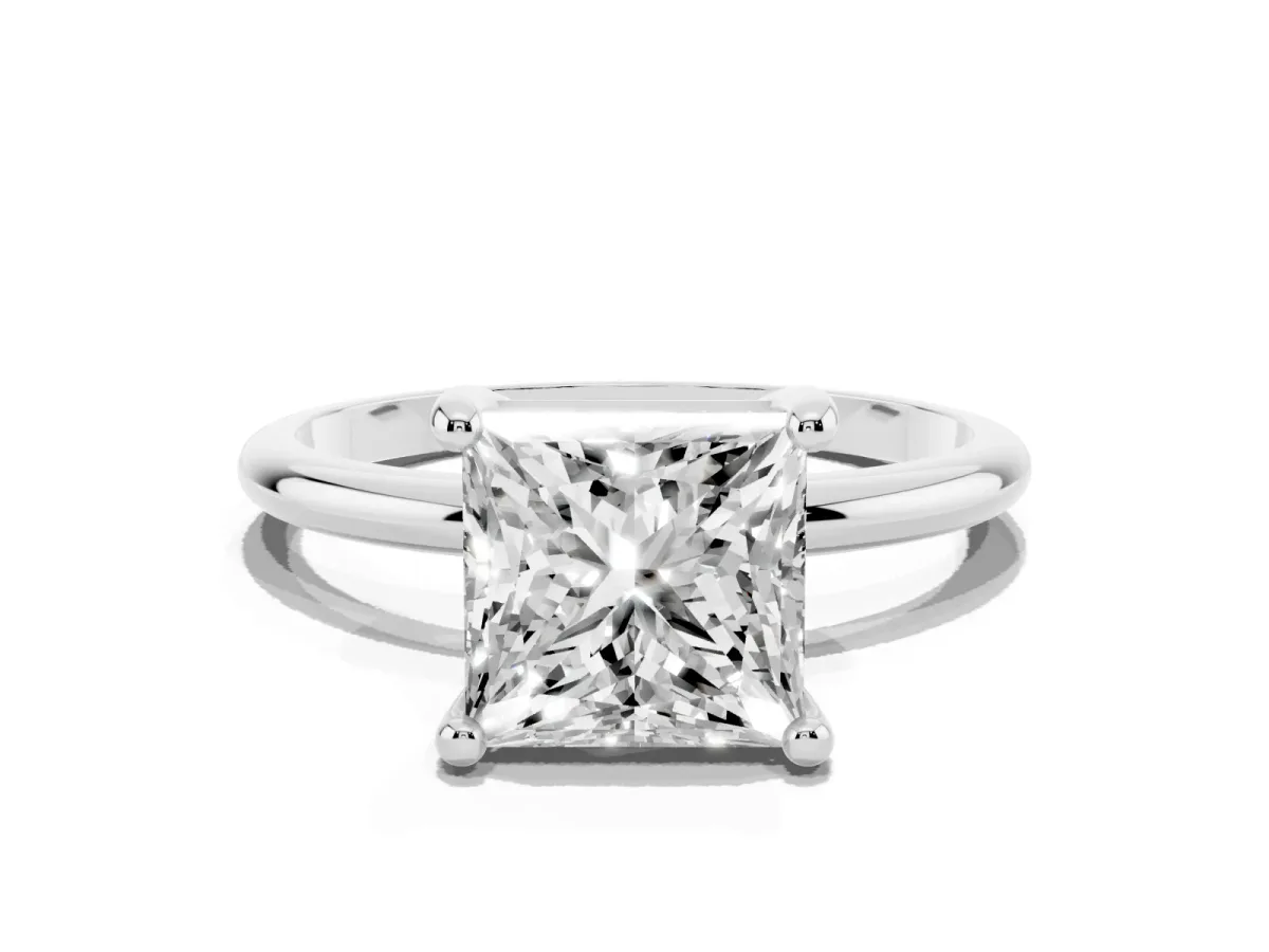 Princess Cut Solitaire Diamond Ring with 4-Prong Setting on a Classic Band Silver