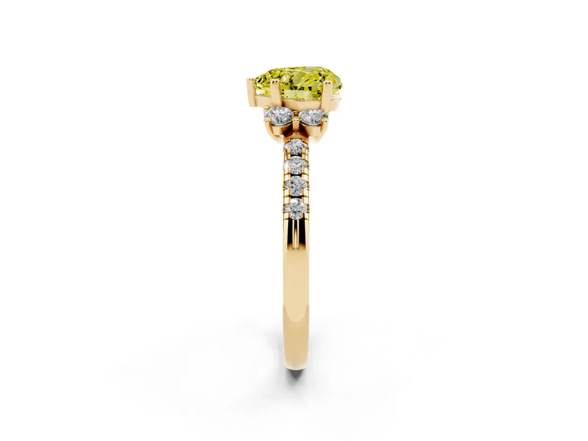 Fancy Yellow Heart Cut Diamond Three-Stone Pave Band with Four-Prong Setting Yellow gold