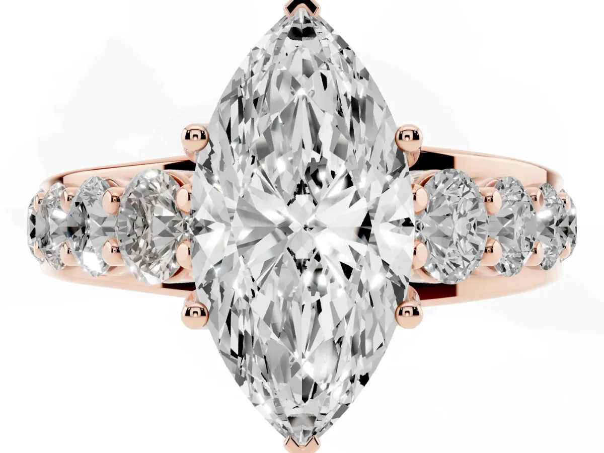 Marquise Cut Diamond Engagement Ring with Pavé Band and Four-Prong Setting Rose gold