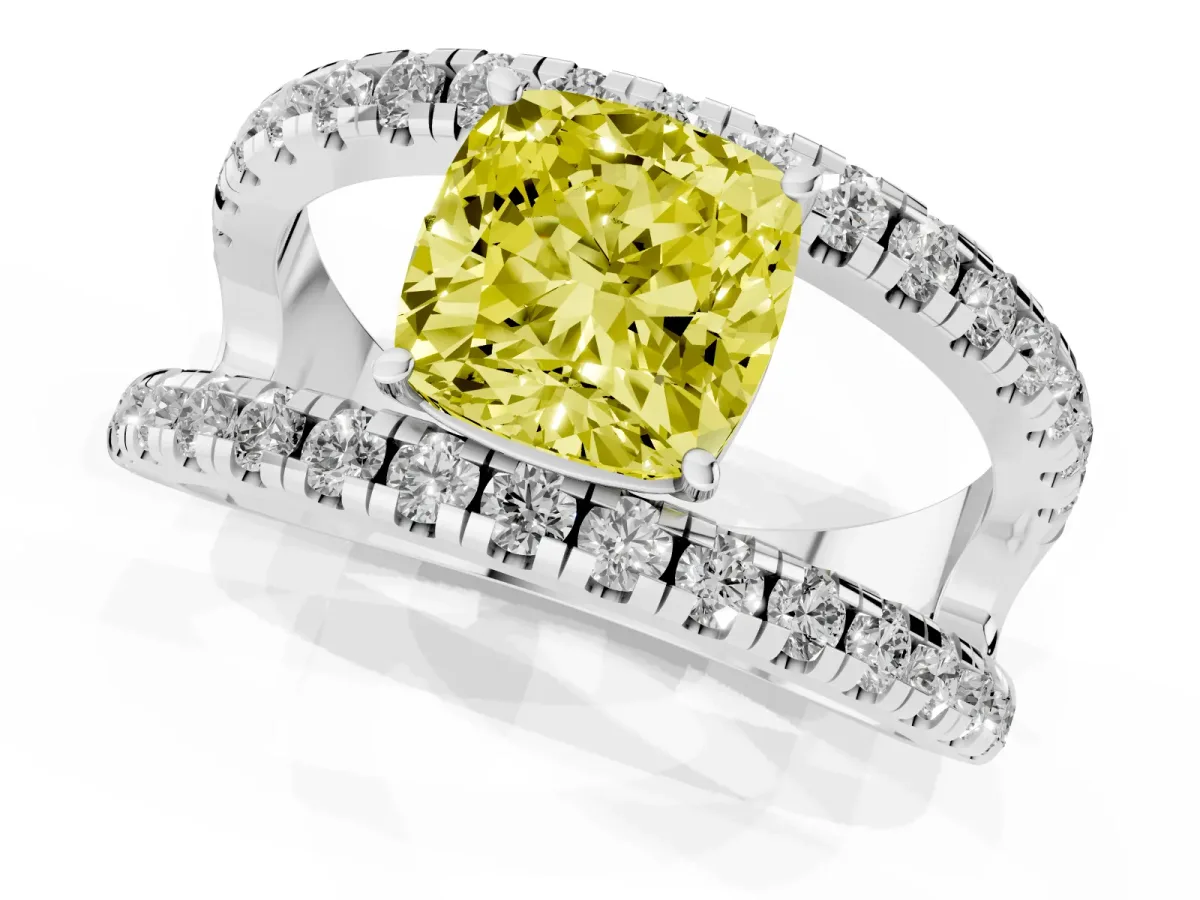 Fancy Yellow Cushion Cut Solitaire Split Shank Pave Diamond Ring Platinum
