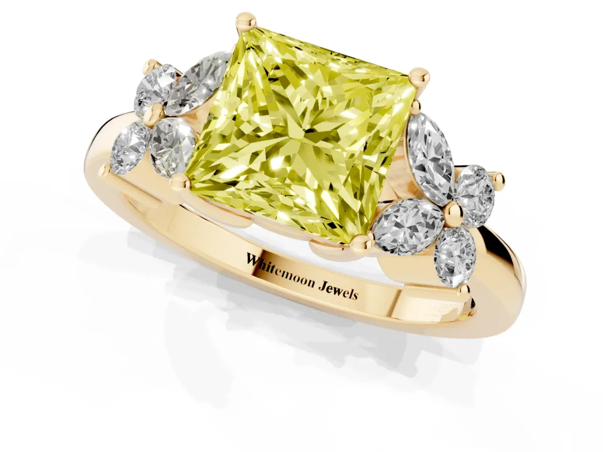 Fancy Yellow Princess Cut Diamond Floral Cluster Ring with Solitaire Band and Prong Setting Yellow gold
