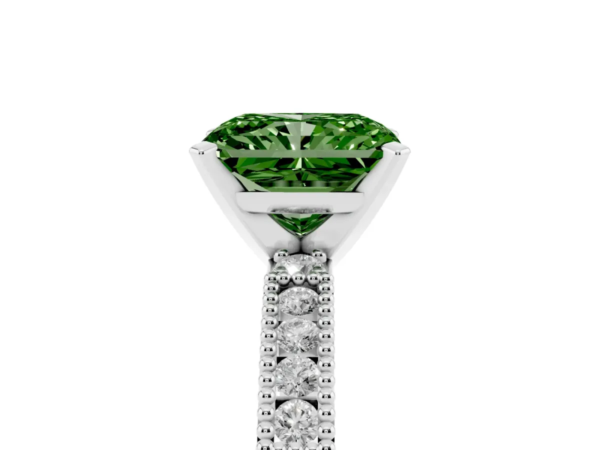 Fancy Green Radiant Cut Solitaire with Pavé Band and Four-Prong Setting Silver