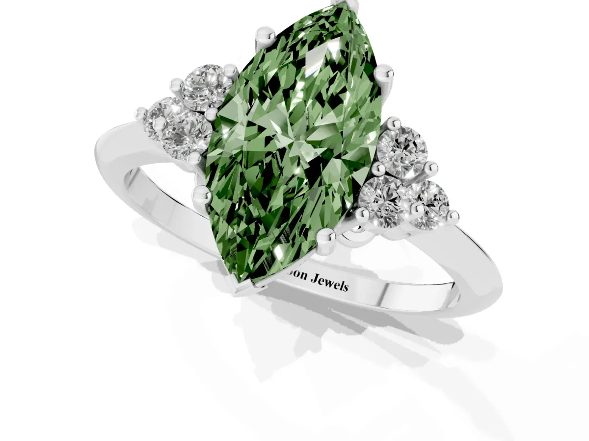 Fancy Green Marquise Cut Cut Diamond Cluster Ring with Solitaire Band and Four-Prong Setting Silver
