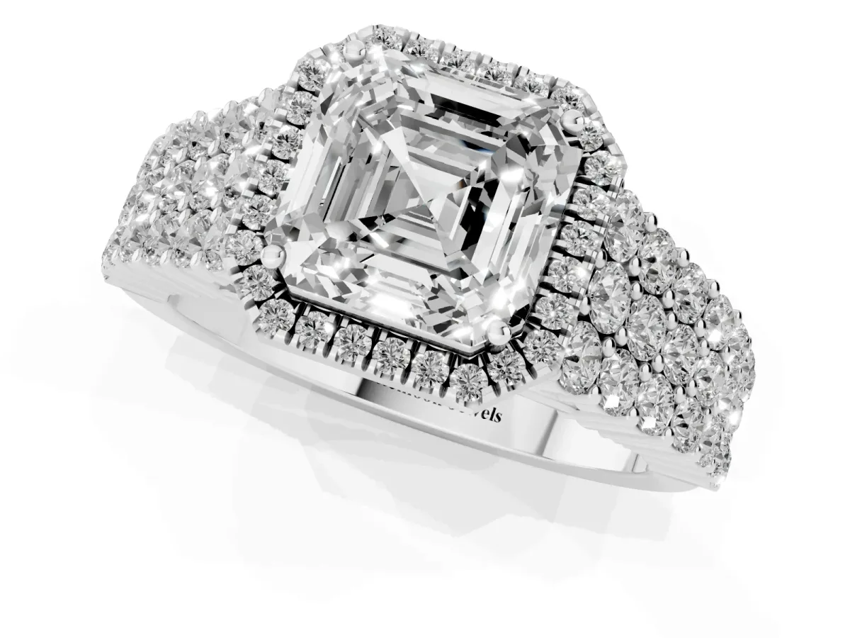 Asscher Cut Diamond Halo Engagement Ring with Triple Row Round Pavé Band and Prong Setting Platinum