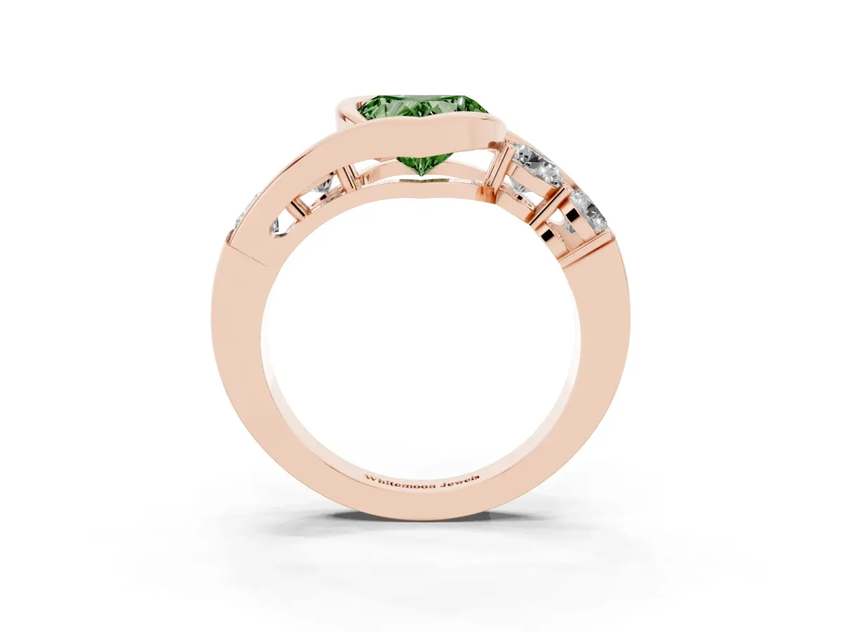 Fancy Green Bezel Set Heart Cut Diamond Bypass Ring with Round Accents Rose gold