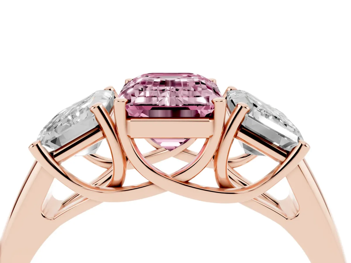 Fancy Pink Three-Stone Emerald Cut Diamond Engagement Ring with Prong Setting Rose gold