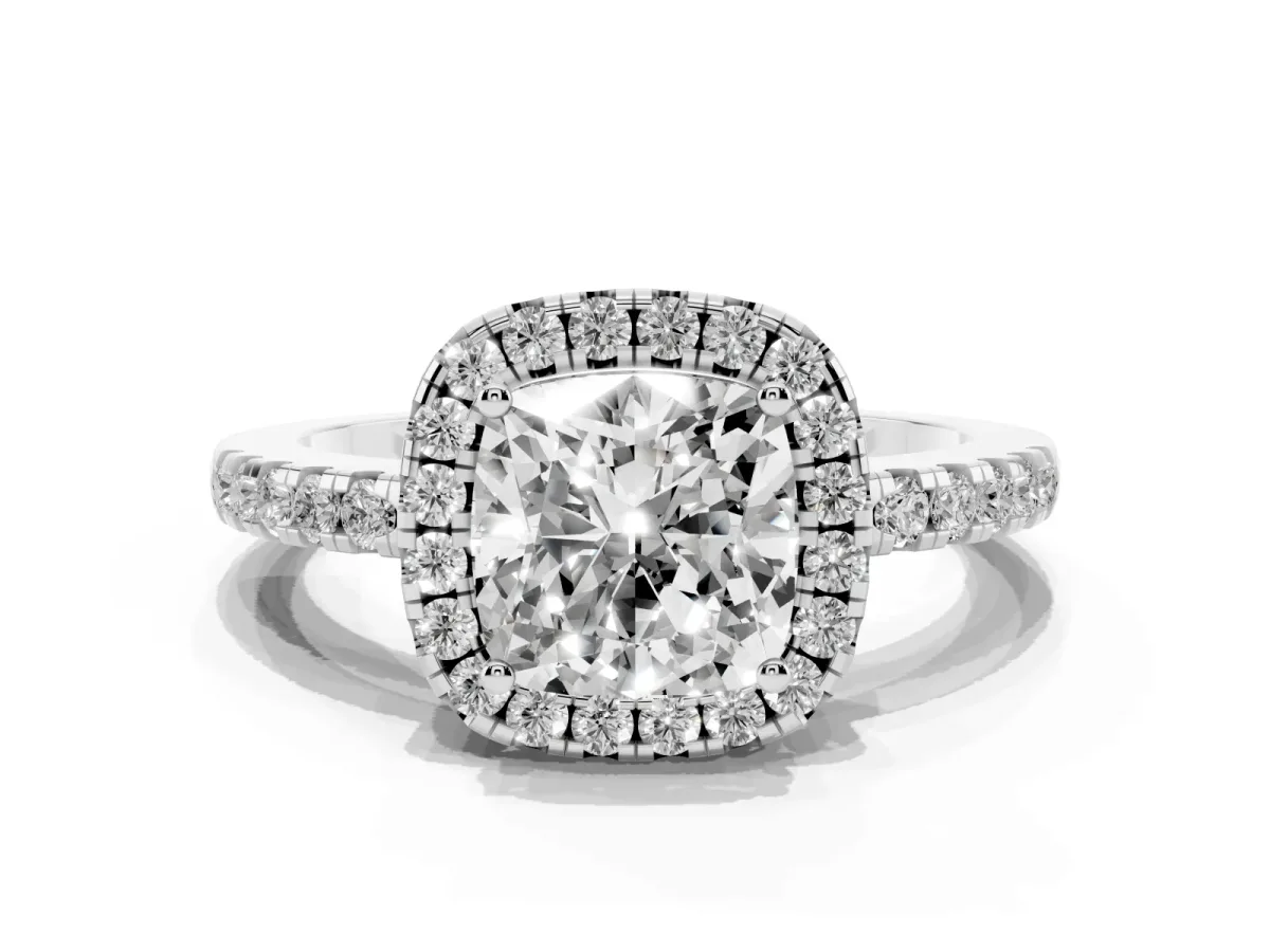 Cushion Cut Halo Diamond Engagement Ring with Pavé Band and Four-Prong Setting Silver