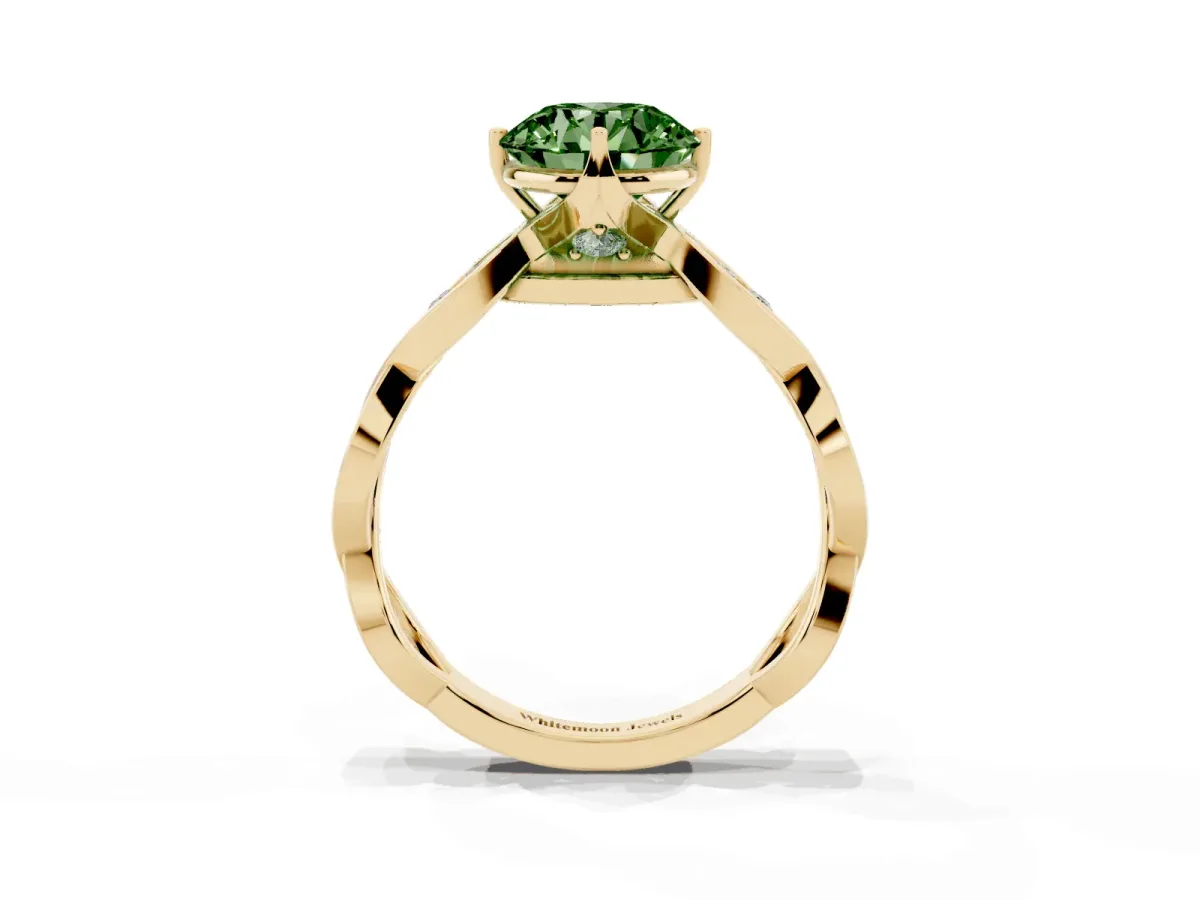 Fancy Green Round Cut Solitaire Twist Band with Leaf Prong Setting Yellow gold