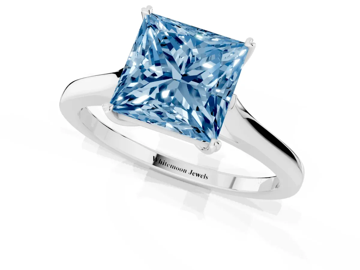 Fancy Blue Princess Cut Solitaire Heart Prong Engagement Ring with Tapered Band White gold