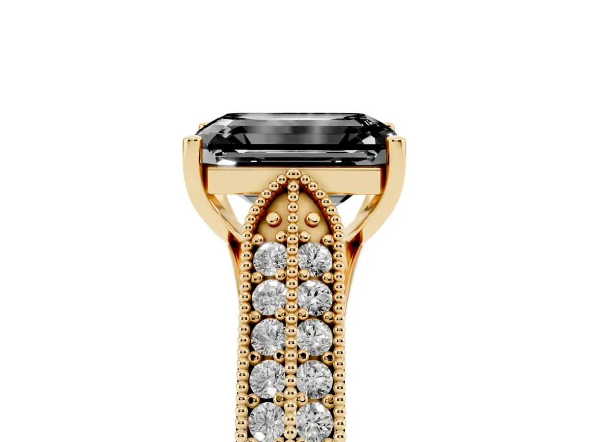 Fancy Black Emerald Cut Cut Pave Split Shank Engagement Ring with Four-Prong Setting Yellow gold