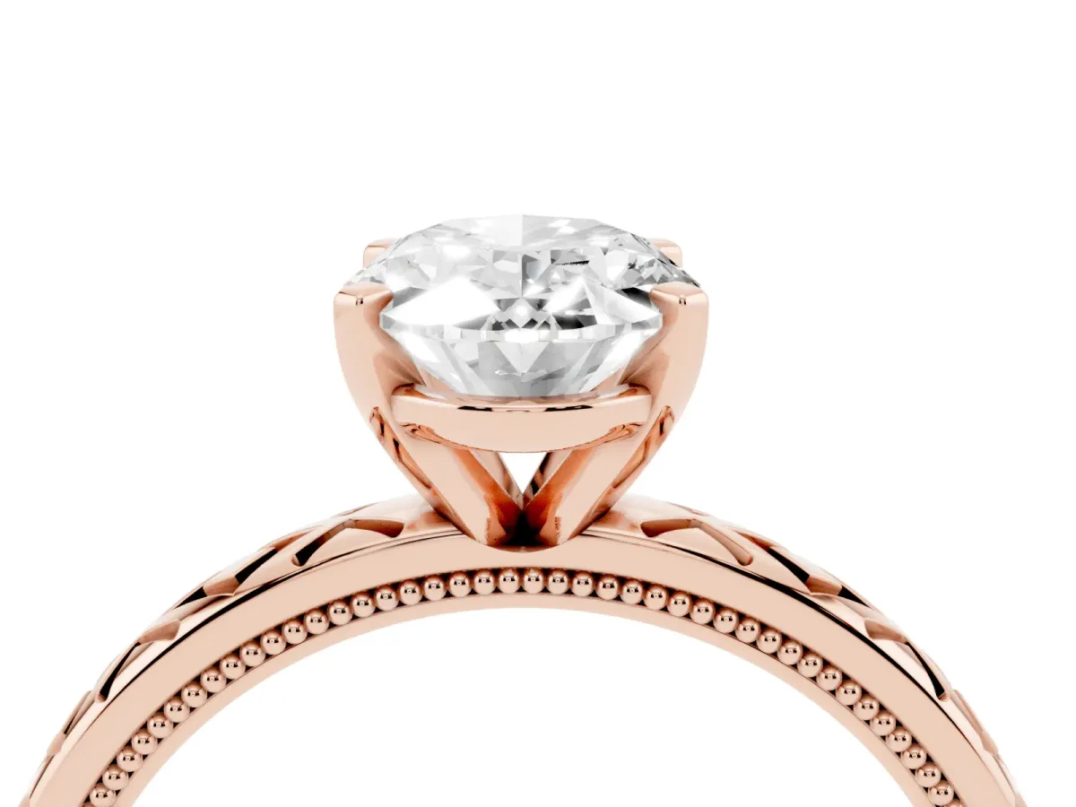 Oval Cut Solitaire Diamond Ring with Milgrain and Black Enamel X Pattern Band Rose gold