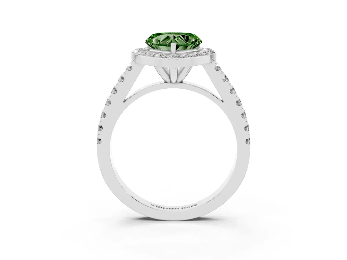 Fancy Green Heart Cut Diamond Halo Ring with Round Pavé Split Shank and Prong Setting White gold