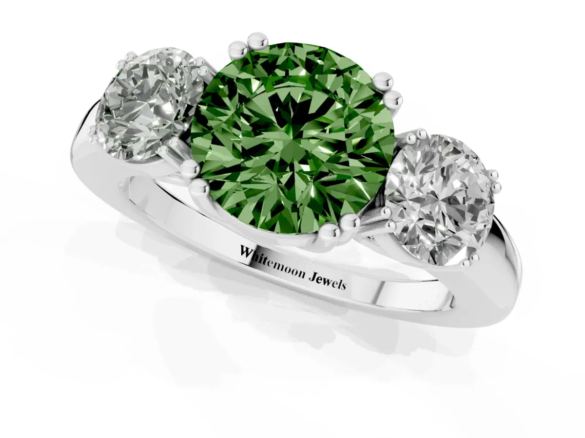 Fancy Green Three-Stone Round Cut Cut Diamond Ring with Channel Set Band and Four-Prong Setting Silver
