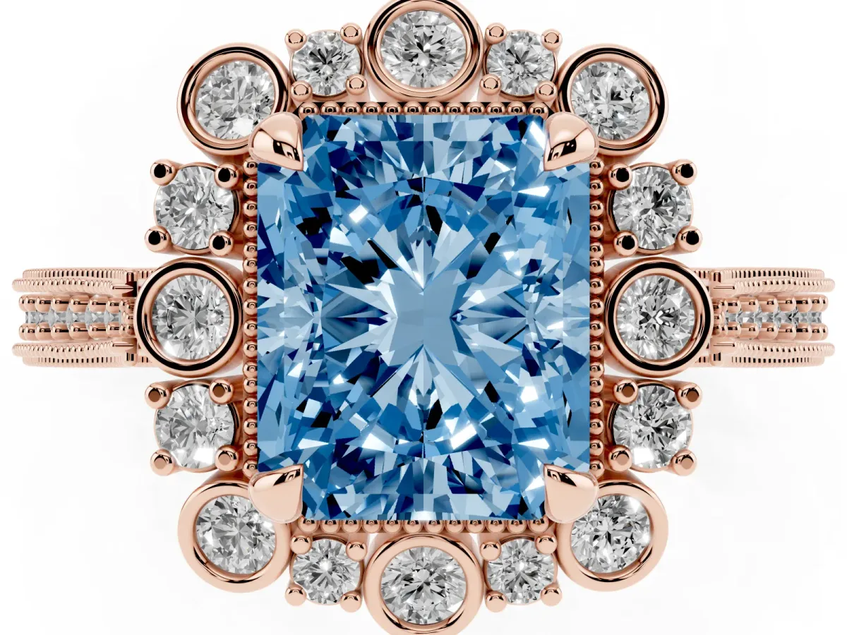Fancy Blue Radiant Cut Halo Milgrain Pave Diamond Ring with Four-Prong Setting Rose gold