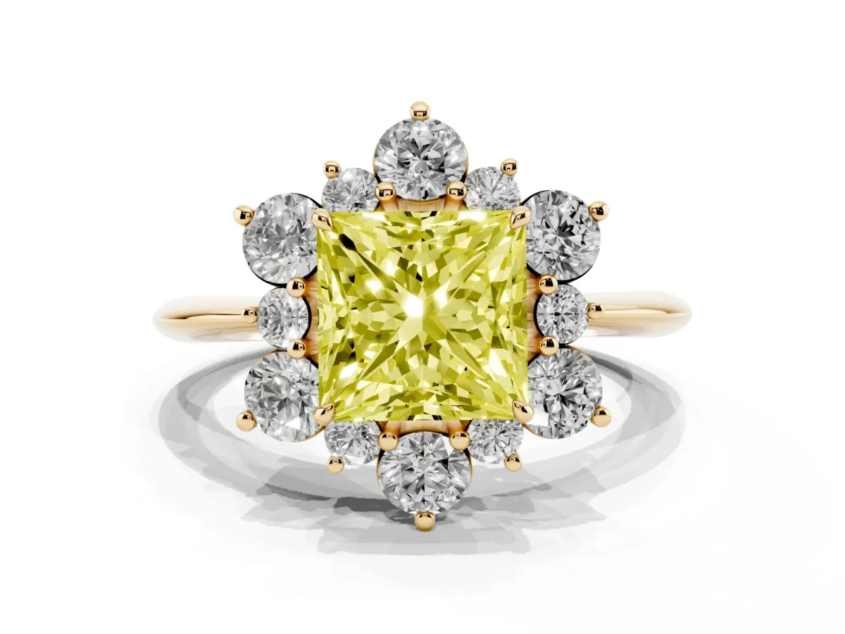 Fancy Yellow Princess Cut Diamond Cluster Halo Ring with Solitaire Band and Four-Prong Setting Yellow gold