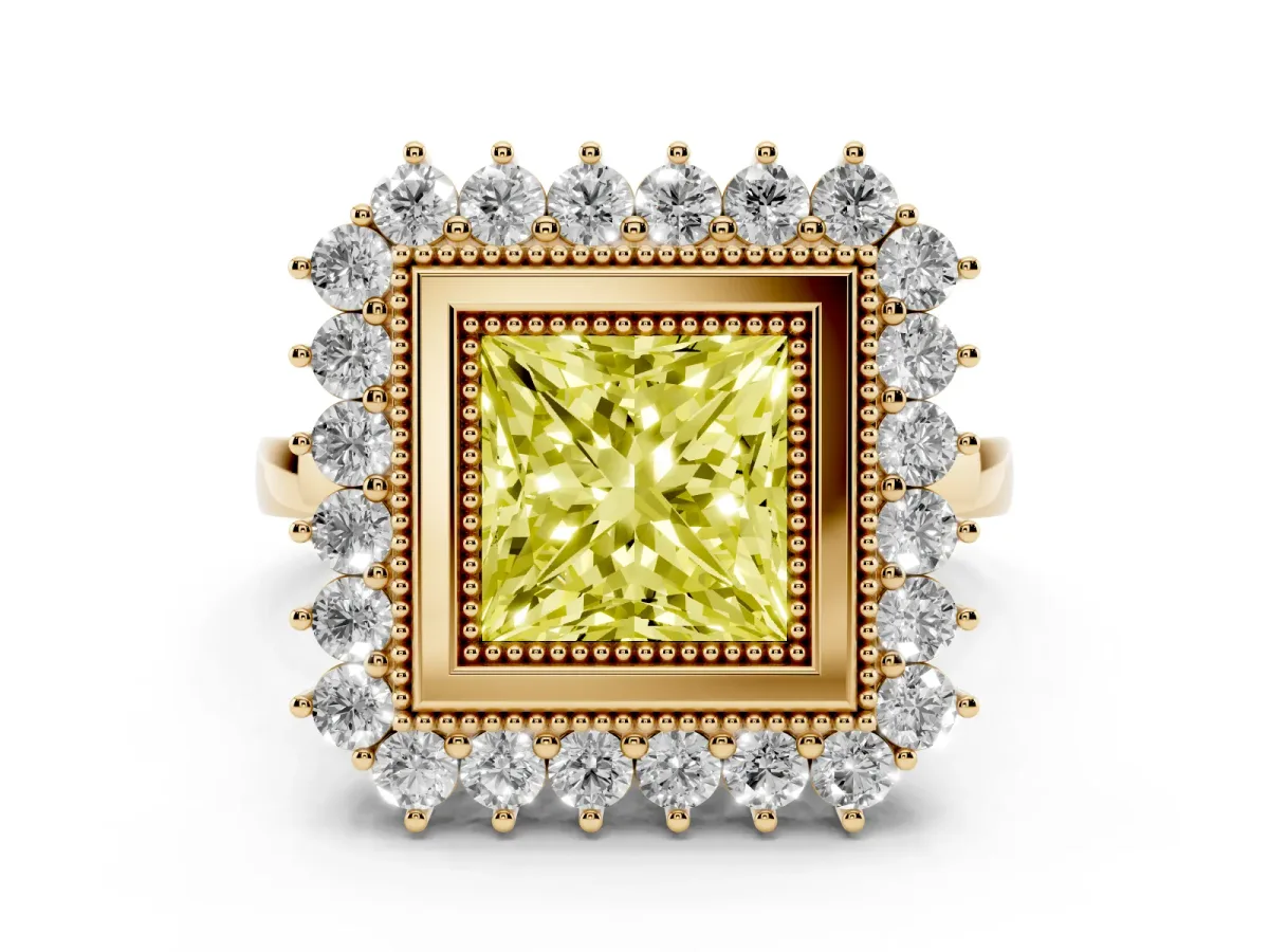 Fancy Yellow Princess Cut Halo Diamond Ring with Milgrain Edge and Round Prong Setting Yellow gold