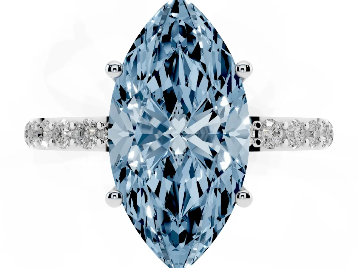 Fancy Blue Marquise Cut Diamond Solitaire Ring with Round Pavé Shoulders and Prong Setting Silver