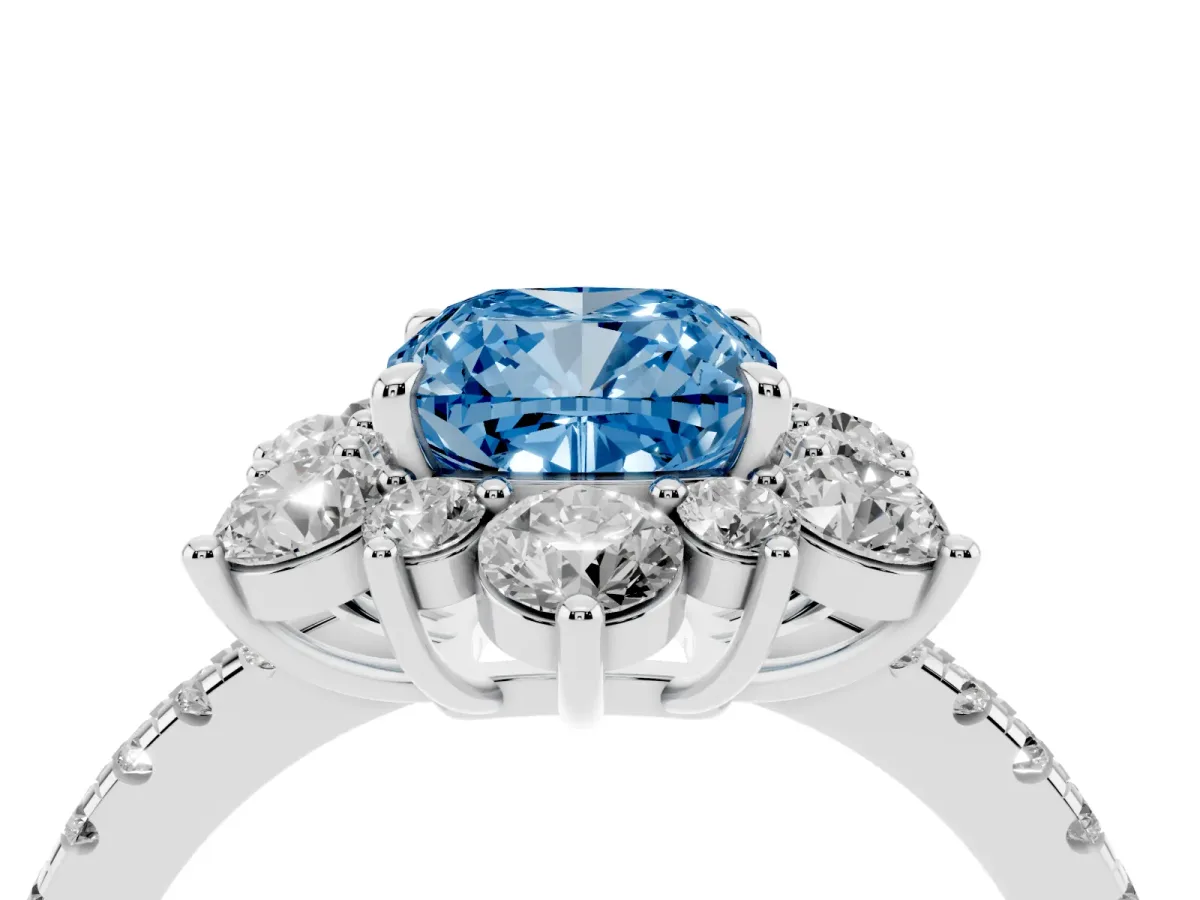 Fancy Blue Cushion Cut Diamond Floral Halo Ring with Round Pavé Band and Prong Setting Silver