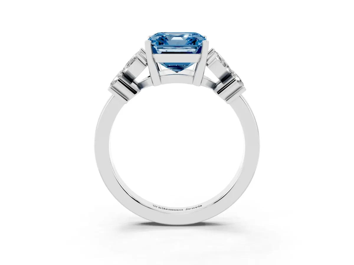 Fancy Blue Princess Cut Diamond Floral Cluster Ring with Solitaire Band and Prong Setting Platinum