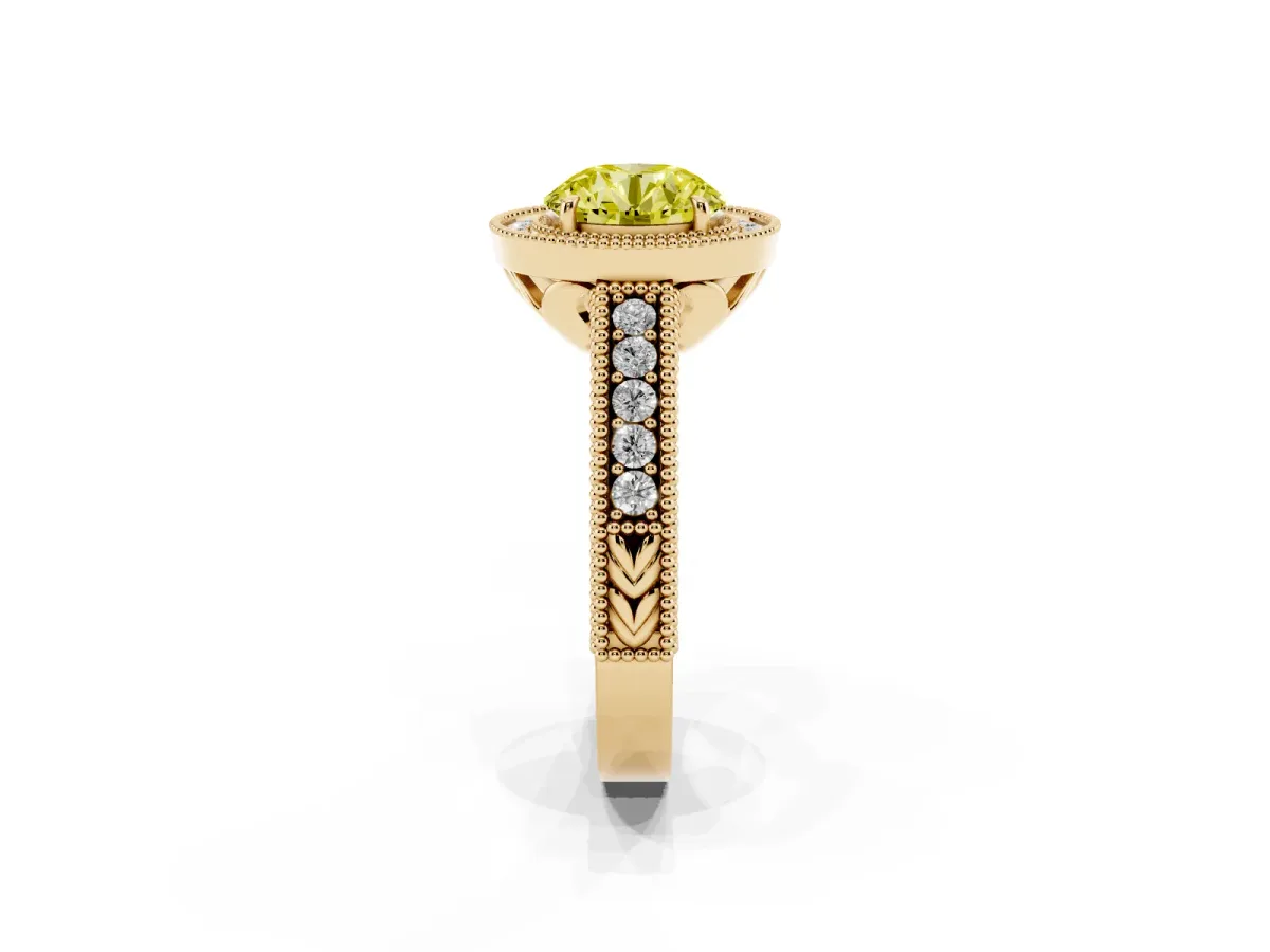 Fancy Yellow Round Cut Cut Halo Diamond Ring with Pavé Band and Four-Prong Setting Yellow gold